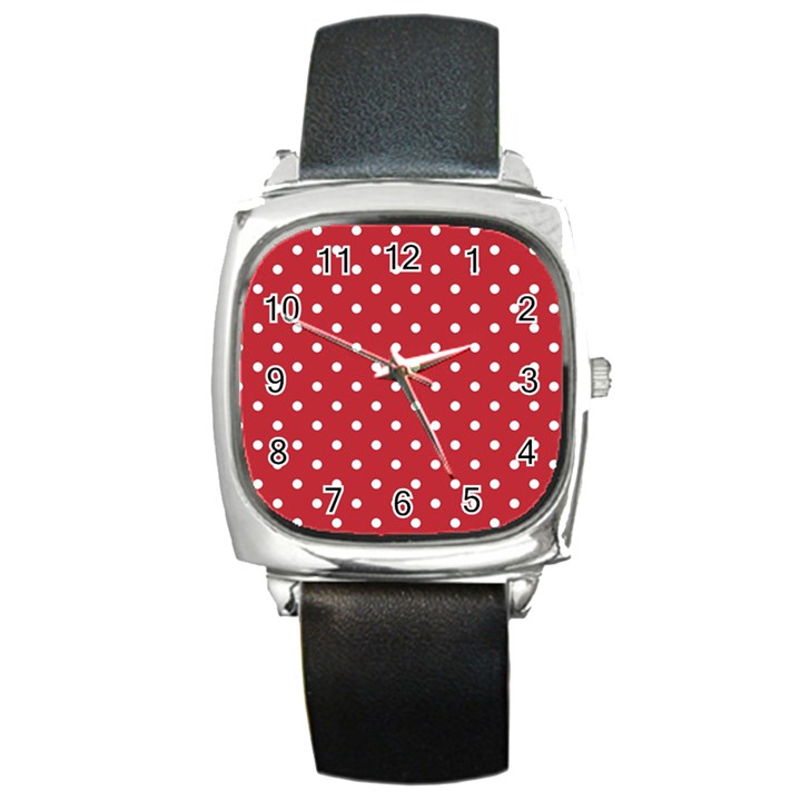 Red Polka Dots Square Metal Watch