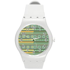 Bezold Effect Traditional Medium Dimensional Symmetrical Different Similar Shapes Triangle Green Yel Round Plastic Sport Watch (m) by Mariart