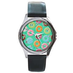 Doughnut Bread Donuts Green Round Metal Watch by Mariart