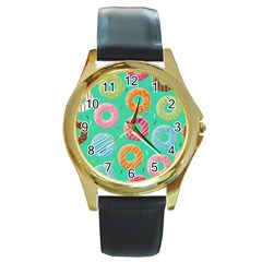 Doughnut Bread Donuts Green Round Gold Metal Watch