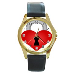 Heart Padlock Red Love Round Gold Metal Watch by Mariart