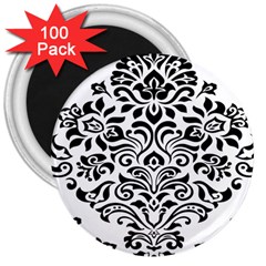 Vintage Damask Black Flower 3  Magnets (100 Pack)