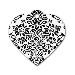 Vintage Damask Black Flower Dog Tag Heart (two Sides) by Mariart