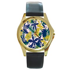 Tropics Leaf Yellow Green Blue Round Gold Metal Watch by Mariart