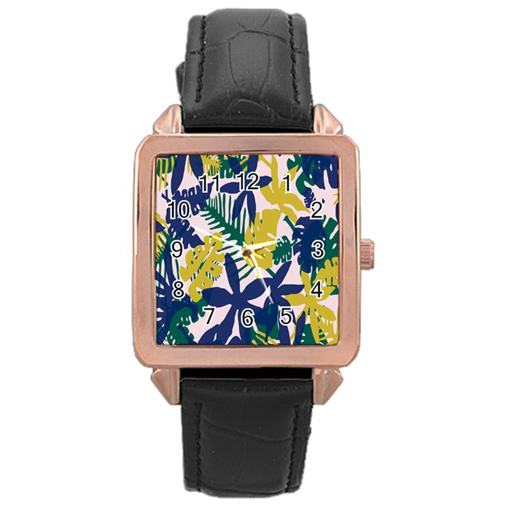 Tropics Leaf Yellow Green Blue Rose Gold Leather Watch 