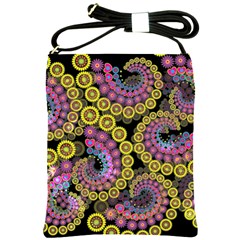 Spiral Floral Fractal Flower Star Sunflower Purple Yellow Shoulder Sling Bags by Mariart