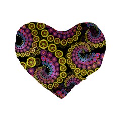 Spiral Floral Fractal Flower Star Sunflower Purple Yellow Standard 16  Premium Heart Shape Cushions by Mariart