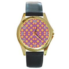 Colorful Geometric Polka Print Round Gold Metal Watch by dflcprints