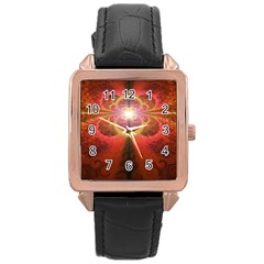 Liquid Sunset, A Beautiful Fractal Burst Of Fiery Colors Rose Gold Leather Watch  by jayaprime