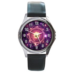 A Gold And Royal Purple Fractal Map Of The Stars Round Metal Watch