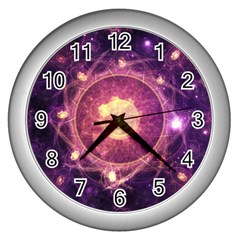 A Gold And Royal Purple Fractal Map Of The Stars Wall Clocks (silver) 