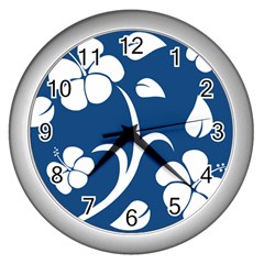 Blue Hawaiian Flower Floral Wall Clocks (silver)  by Mariart