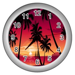 Nature Palm Trees Beach Sea Boat Sun Font Sunset Fabric Wall Clocks (silver)  by Mariart