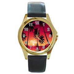 Nature Palm Trees Beach Sea Boat Sun Font Sunset Fabric Round Gold Metal Watch by Mariart