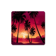 Nature Palm Trees Beach Sea Boat Sun Font Sunset Fabric Square Magnet by Mariart