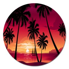 Nature Palm Trees Beach Sea Boat Sun Font Sunset Fabric Magnet 5  (round) by Mariart