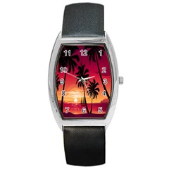 Nature Palm Trees Beach Sea Boat Sun Font Sunset Fabric Barrel Style Metal Watch by Mariart