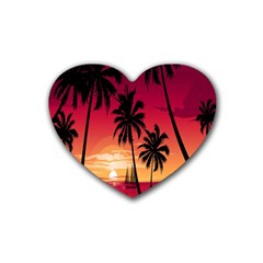 Nature Palm Trees Beach Sea Boat Sun Font Sunset Fabric Heart Coaster (4 Pack)  by Mariart