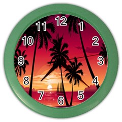 Nature Palm Trees Beach Sea Boat Sun Font Sunset Fabric Color Wall Clocks by Mariart