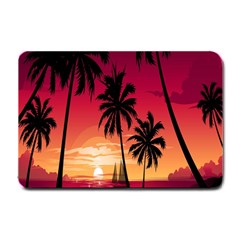 Nature Palm Trees Beach Sea Boat Sun Font Sunset Fabric Small Doormat  by Mariart