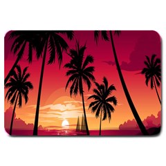 Nature Palm Trees Beach Sea Boat Sun Font Sunset Fabric Large Doormat  by Mariart
