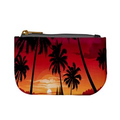 Nature Palm Trees Beach Sea Boat Sun Font Sunset Fabric Mini Coin Purses