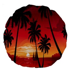 Nature Palm Trees Beach Sea Boat Sun Font Sunset Fabric Large 18  Premium Round Cushions by Mariart