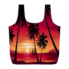 Nature Palm Trees Beach Sea Boat Sun Font Sunset Fabric Full Print Recycle Bags (l)  by Mariart