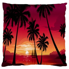 Nature Palm Trees Beach Sea Boat Sun Font Sunset Fabric Large Flano Cushion Case (one Side) by Mariart