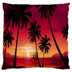 Nature Palm Trees Beach Sea Boat Sun Font Sunset Fabric Large Flano Cushion Case (two Sides)