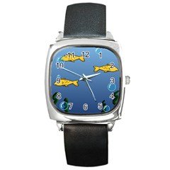 Water Bubbles Fish Seaworld Blue Square Metal Watch