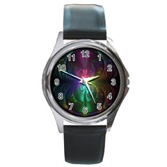 Anodized Rainbow Eyes And Metallic Fractal Flares Round Metal Watch
