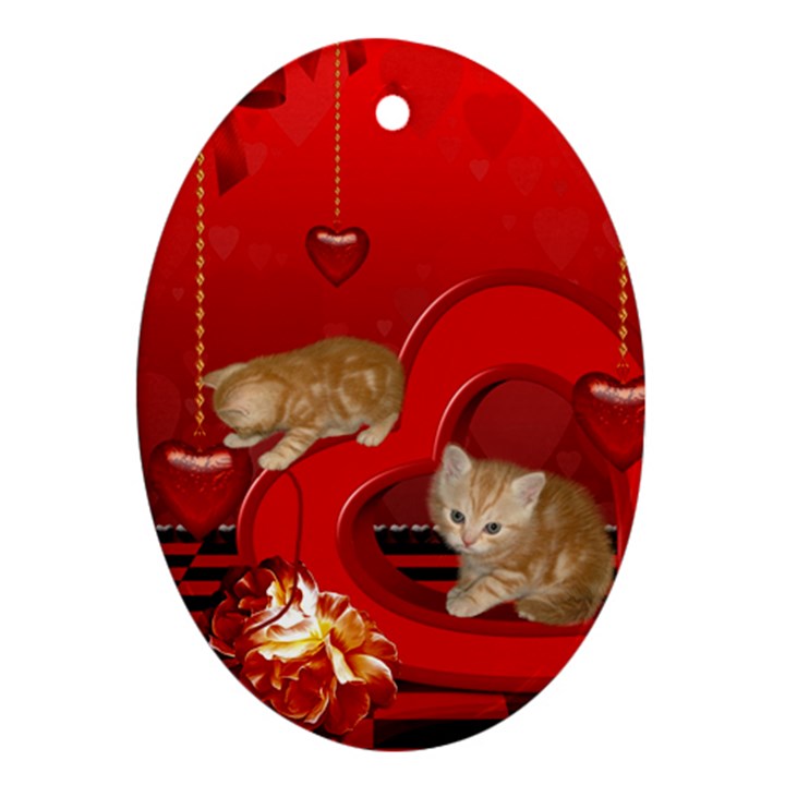 Cute, Playing Kitten With Hearts Ornament (Oval)