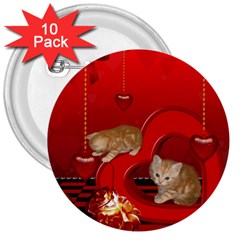 Cute, Playing Kitten With Hearts 3  Buttons (10 Pack)  by FantasyWorld7