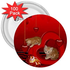 Cute, Playing Kitten With Hearts 3  Buttons (100 Pack)  by FantasyWorld7