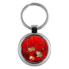 Cute, Playing Kitten With Hearts Key Chains (round)  by FantasyWorld7