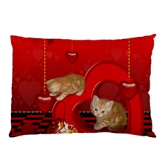 Cute, Playing Kitten With Hearts Pillow Case (two Sides) by FantasyWorld7