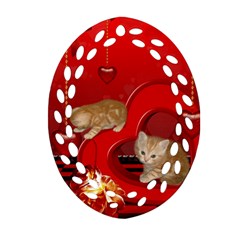 Cute, Playing Kitten With Hearts Ornament (oval Filigree) by FantasyWorld7