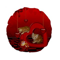 Cute, Playing Kitten With Hearts Standard 15  Premium Flano Round Cushions by FantasyWorld7