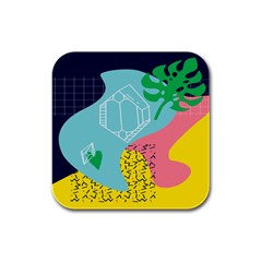 Behance Feelings Beauty Waves Blue Yellow Pink Green Leaf Rubber Square Coaster (4 Pack) 