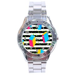Cube Line Polka Dots Horizontal Triangle Pink Yellow Blue Green Black Flag Stainless Steel Analogue Watch