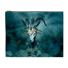 The Billy Goat  Skull With Feathers And Flowers Cosmetic Bag (xl) by FantasyWorld7