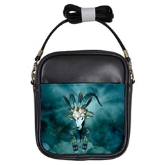 The Billy Goat  Skull With Feathers And Flowers Girls Sling Bags by FantasyWorld7