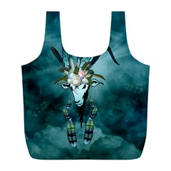 The Billy Goat  Skull With Feathers And Flowers Full Print Recycle Bags (l)  by FantasyWorld7