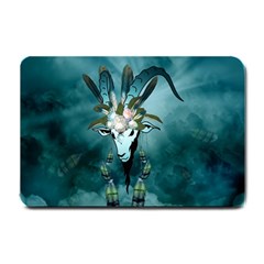The Billy Goat  Skull With Feathers And Flowers Small Doormat  by FantasyWorld7
