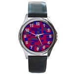 Offset Puzzle Rounded Graphic Squares In A Red And Blue Colour Set Round Metal Watch Front