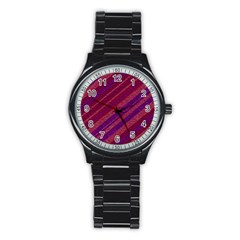 Maroon Striped Texture Stainless Steel Round Watch