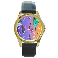 Triangle Wave Rainbow Round Gold Metal Watch