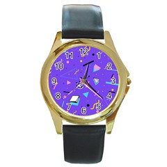 Vintage Unique Graphics Memphis Style Geometric Style Pattern Grapic Triangle Big Eye Purple Blue Round Gold Metal Watch