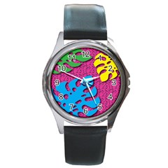 Vintage Unique Graphics Memphis Style Geometric Leaf Green Blue Yellow Pink Round Metal Watch